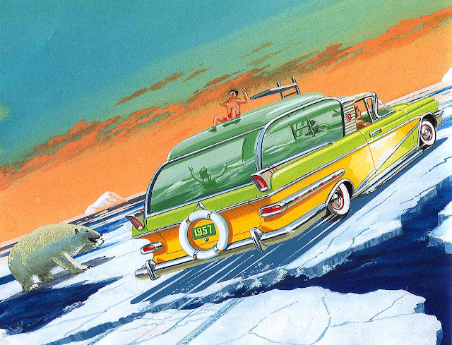 a Bruce McCall illustration, family vacation in the Arctic