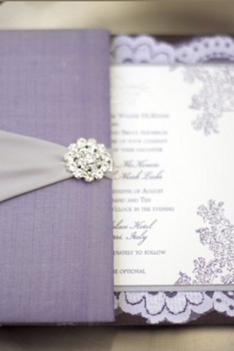 Purple and Silver Gatefold Wedding Invitations were created by Lela New York