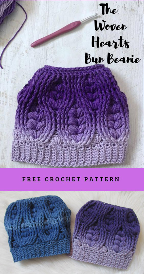 The Woven Hearts Bun Beanie - Free Crochet Pattern