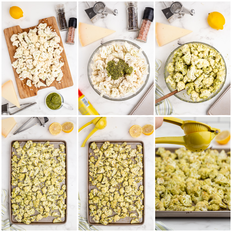 Six photos of the process of making Parmesan Pesto Roasted Cauliflower.