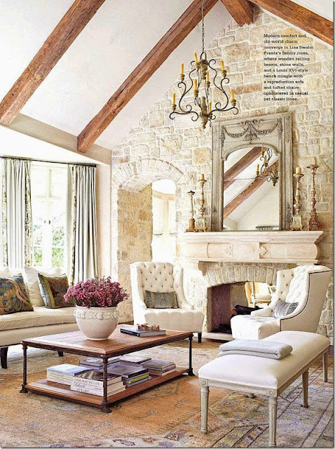 traditional family room with beams brick accent wall neutral color palette