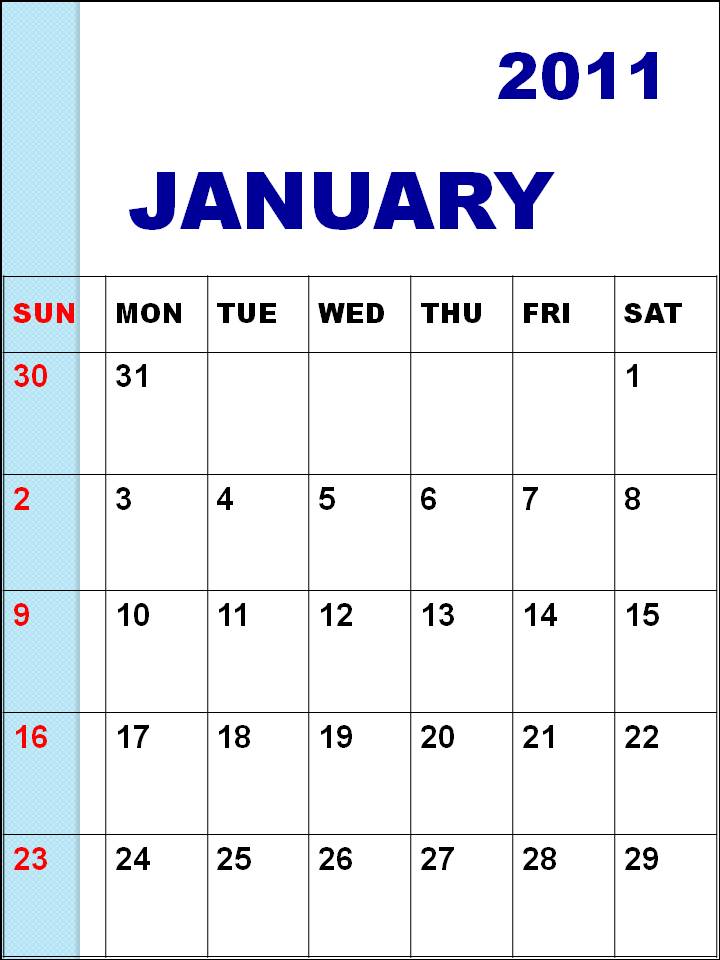 calendar january 2011. Blank Calendar January 2011 or