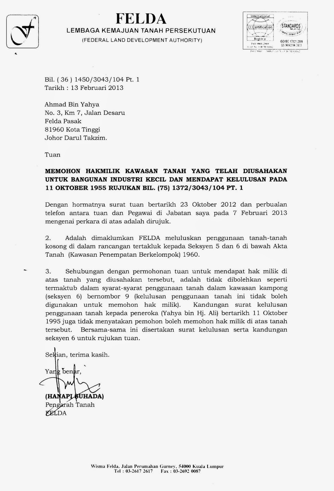 Contoh Surat Rasmi Memaklumkan Pejabat Tanah