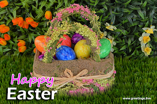 Happy Easter greetings - Easter Eggs basket with flowers background