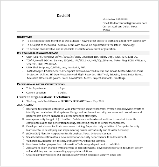 Resume sample for information technology