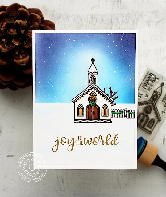 Sunny Studio Stamps: Christmas Chapel and Festive Greetings Night Sky Background Christmas Card by Vanessa Menhorn