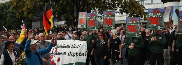 Many protesters held placards saying "Stop the asylum flood' but asylum numbers have fallen considerably since 2015