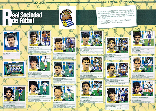 REAL SOCIEDAD DE FÚTBOL DE SAN SEBASTIAN. Temporada 1987-88. Escudo. John Benjamin Toshack (entrenador), Arconada, González, Gajate, Górriz, López Recarte. Equipo, Zúñiga, Loren, Larrañaga, Zamora, Juan María Mujika. Dadie, Santi Bakero I, Uría, Aitor Beguiristaín I, José María Bakero II, Chiqui Beguiristain II. Álbum de cromos LIGA 87-88, Colecciones Este.