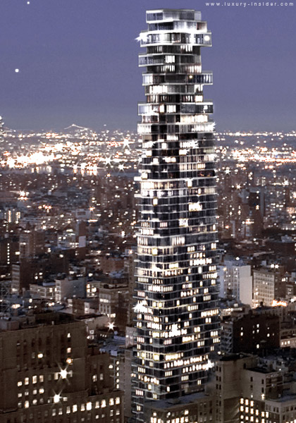 Rendering of 56 Leonard Street by Herzog & De Meuron at night and the New York City in the background