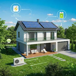 Modern eco-friendly house with solar panels.