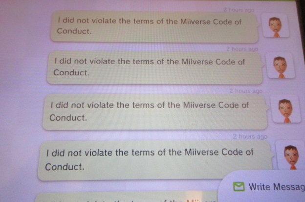 I did not violate the terms of the Miiverse Code of Conduct admin