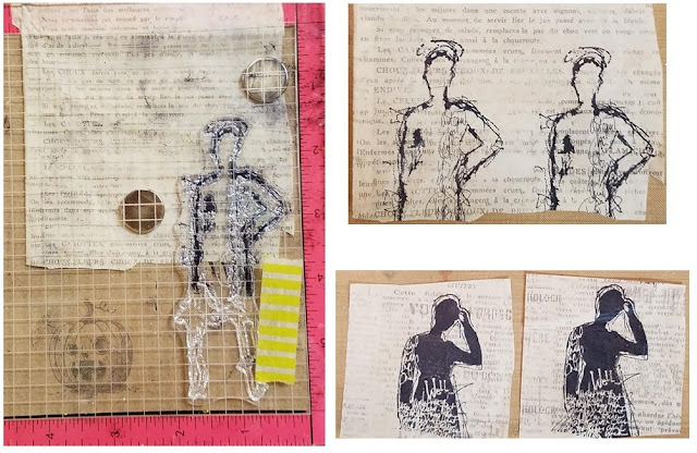 Dina Wakley silhouettes stamped onto tissue paper that has a faded text on it.