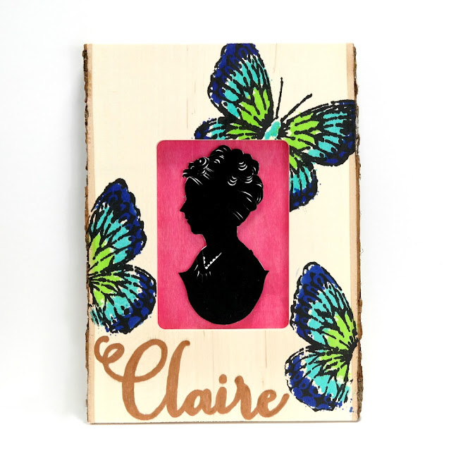 Blue and Green Stenciled Butterfly Wood Frame with Child Silhouette and Copper Lettered Name