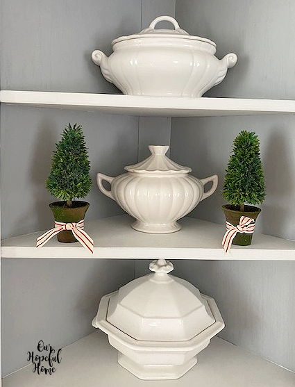 three vintage ironstone tureens shelves topiaries