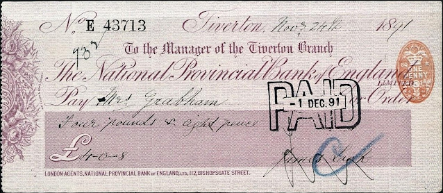 Cheque from Tiverton Branch of National Provincial Bank - 1891