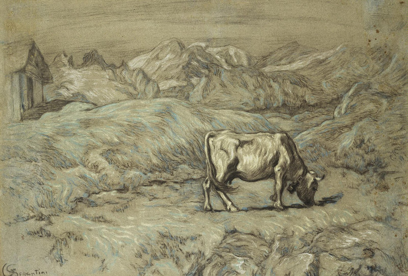 Alpine Pasture: Landscape with a Cow by Giovanni Segantini - Animal, Landscape drawings from Hermitage Museum