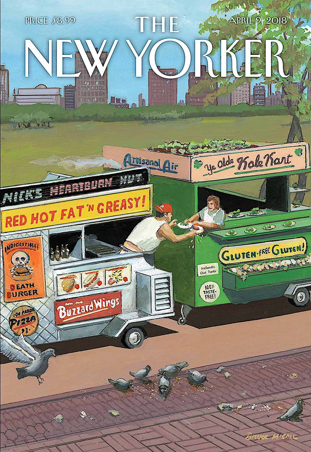 a Bruce McCall illustration for the April 9 2019 New Yorker Magazine, fast food trucks stop for lunch