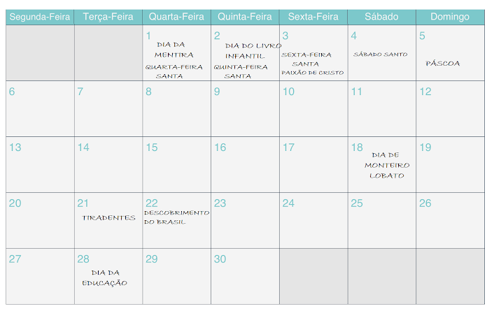 Calendário ABRIL 2015