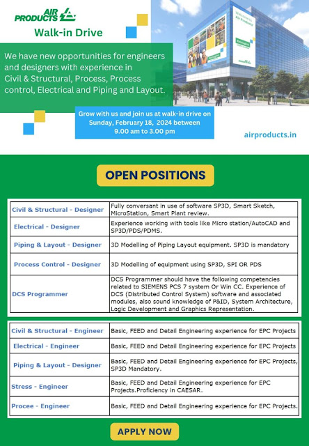 Air Products Walk in Drive For Civil& Structural, Process, Process control, Electrical and Piping and Layout, DCS