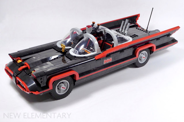 front left three quarter view of the batmobile lego set