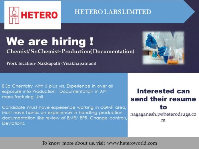 Job Availables,HETERO LABS LIMITED Job Vacancy For B.Sc Chemistry