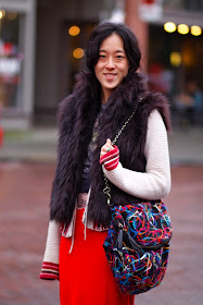 Kathy Wang Red SKirt faux fur vest Ballard Seattle Street Style Fashion it's my darlin'