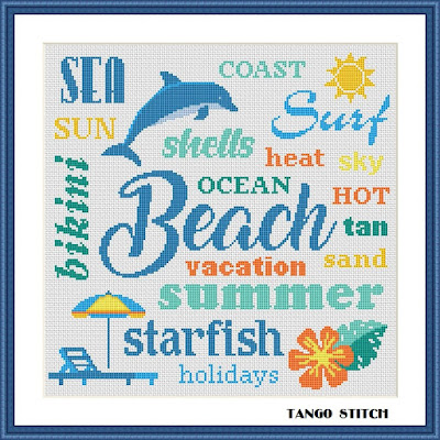 Beach word cloud cross stitch pattern, Tango Stitch