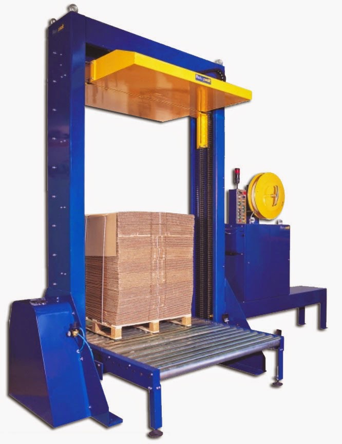 Maquina automática con prensa para el flejado vertical de palets de cartón. Reducción efectiva del volumen del palet para mejorar el transporte y almacenaje.