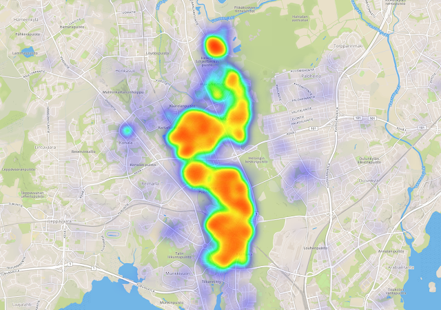 Lämpökartta kotien sijainneista kartalla. Vastauksia kattavasti suunnittelualueelta Haagasta Kuninkaantammeen.