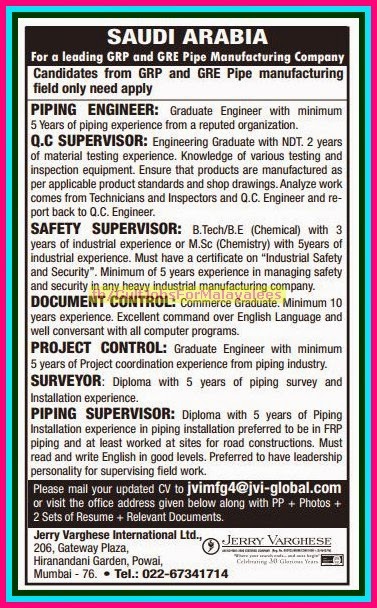 Leading GRP and GRE Pipe Manufacturing Company Job Vacancies for KSA