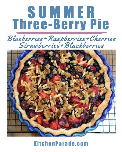 Summer Three-Berry Pie ♥ KitchenParade.com, strawberries, raspberries, blueberries, blackberries with streusel topping.
