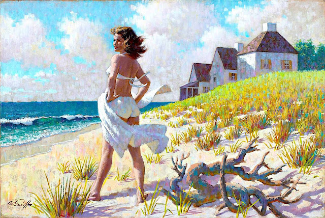 an illustration by Arthur Saron Sarnoff of a woman on a windy beach