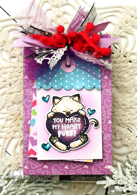 You Make my Heart Purr Gift Bag & Tag by Larissa Heskett for Newton's Nook Designs using Newton's Heart Stamp Set, Newton's Heart Die Set, Love & Chocolate Paper Pad & Fancy Edges Tag Die Set