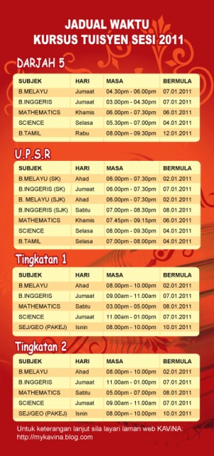 TUISYEN KAViNAA - Teman Sukses Anda: JADUAL TUISYEN 2011 