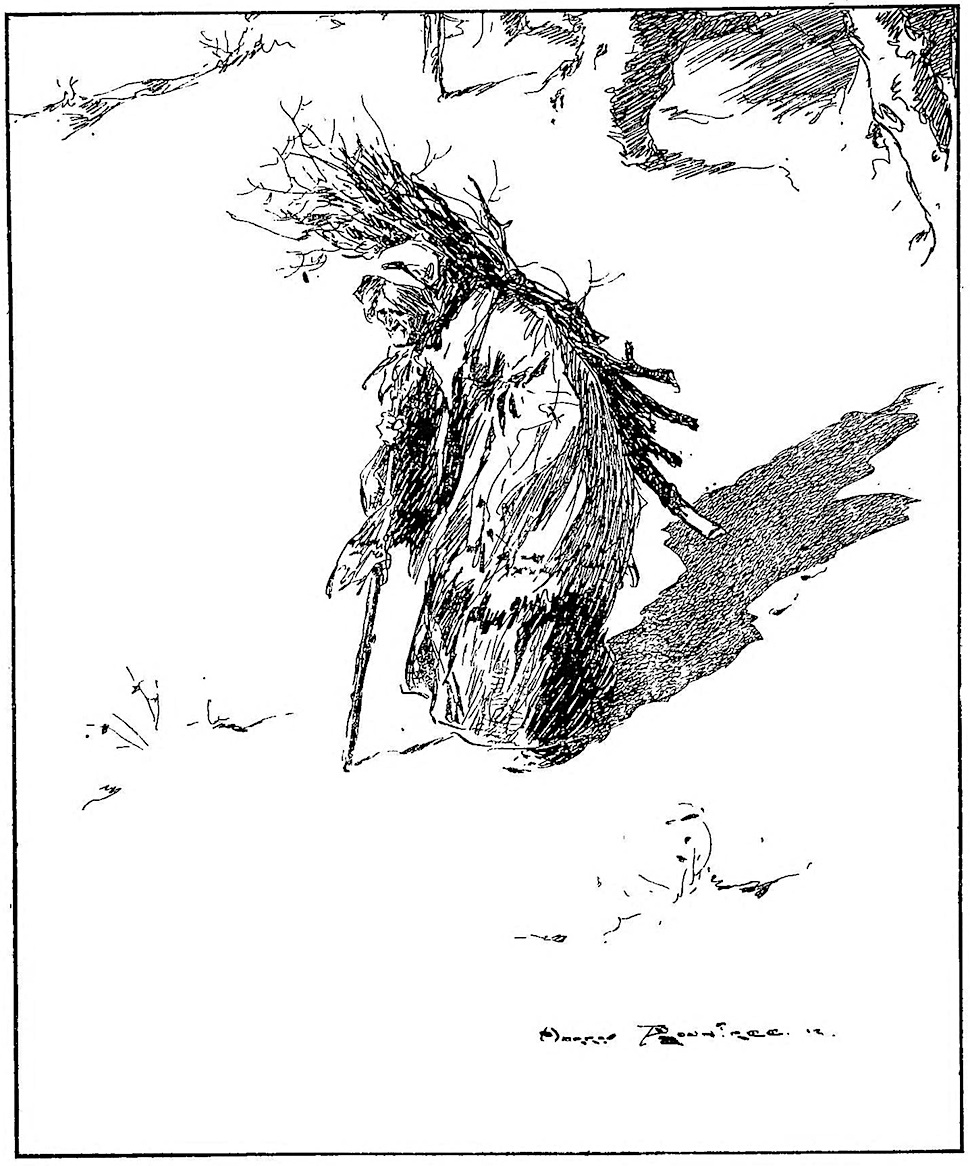 a Harry Rountree illustration of an old woman carrying firewood, seen from a birdseye view with foreshortening