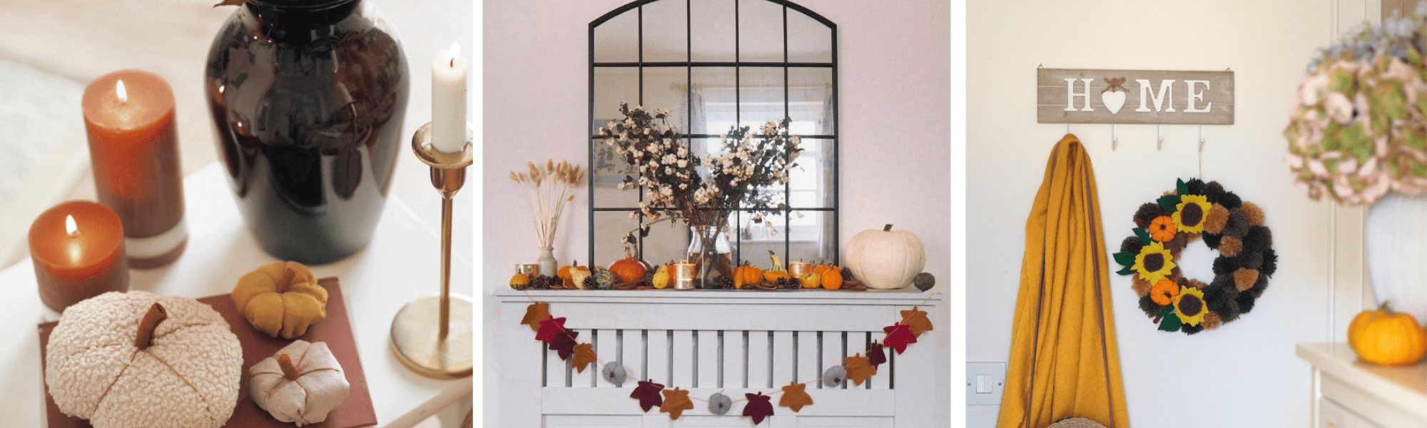 DIY Autumn home decor you can make yourself on a budget. Fall crafts and decor inspiration. From Autumn leaf garlands to wreaths and a pumpkin doormat