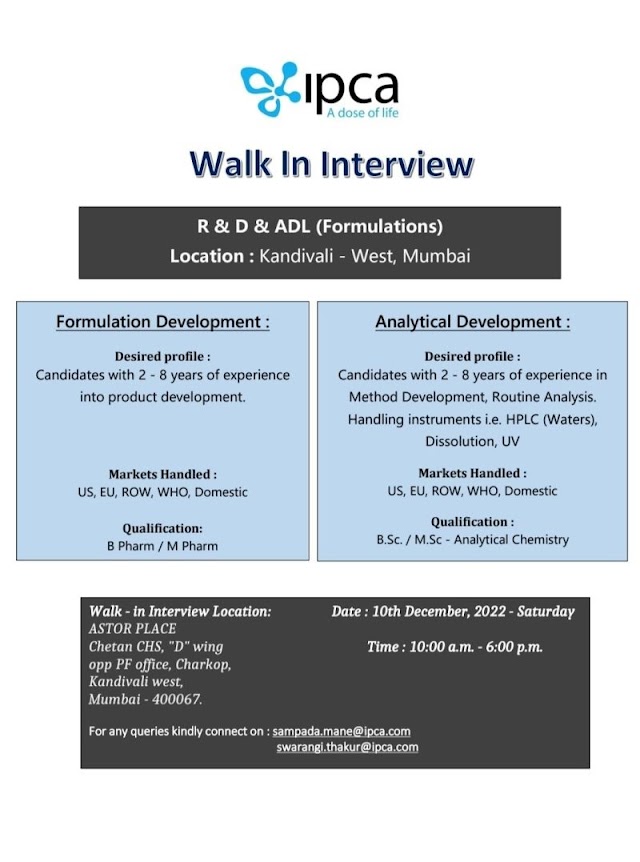 Ipca Laboratories | Walk-in interview Mumbai for Formulation & Analytical Development on 10th December 2022