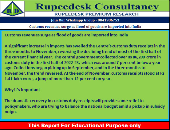 Customs revenues surge as flood of goods are imported into India - Rupeedesk Reports - 09.01.2023