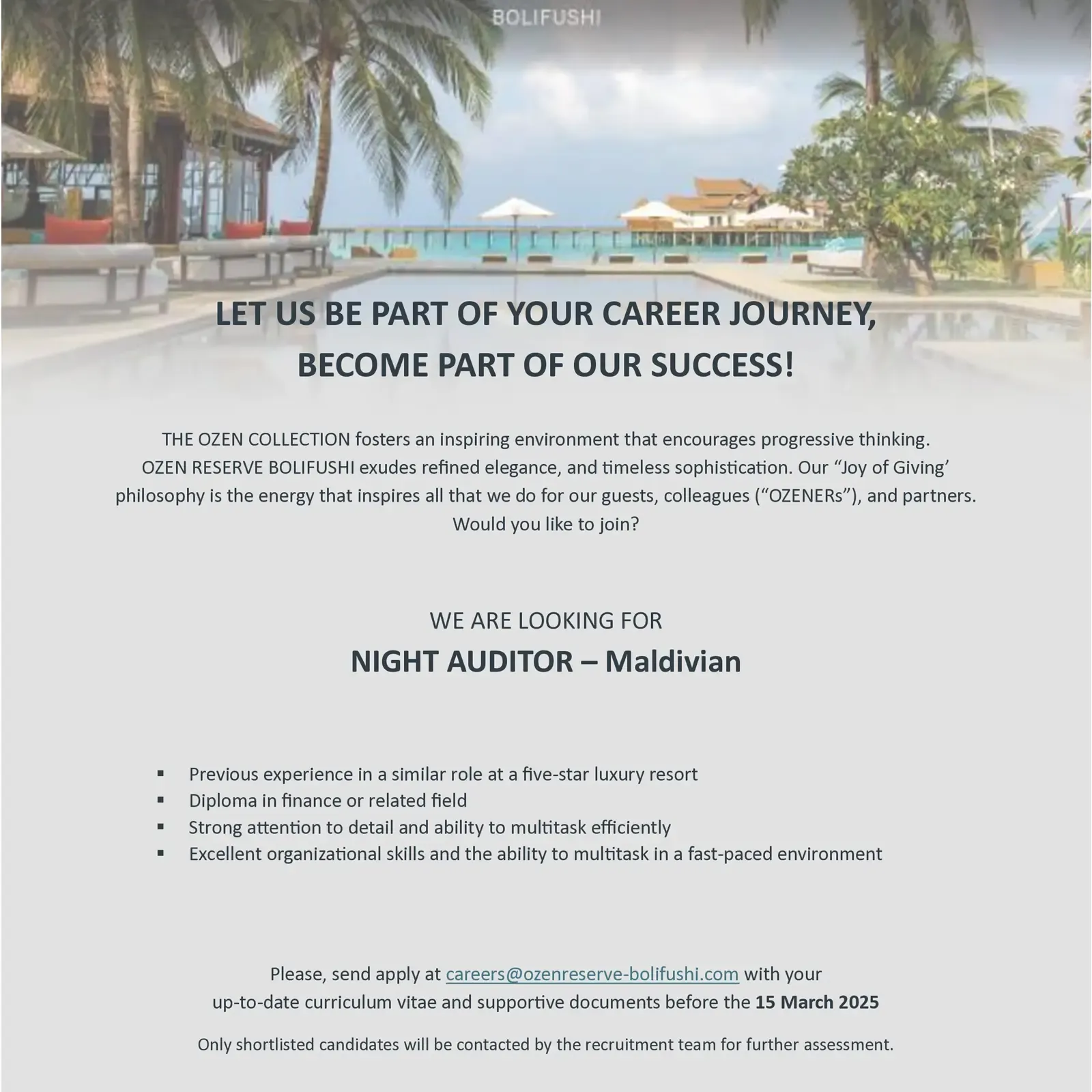 image of Night Auditor Job Vacancy at OZEN RESERVE Bolifushi job advert