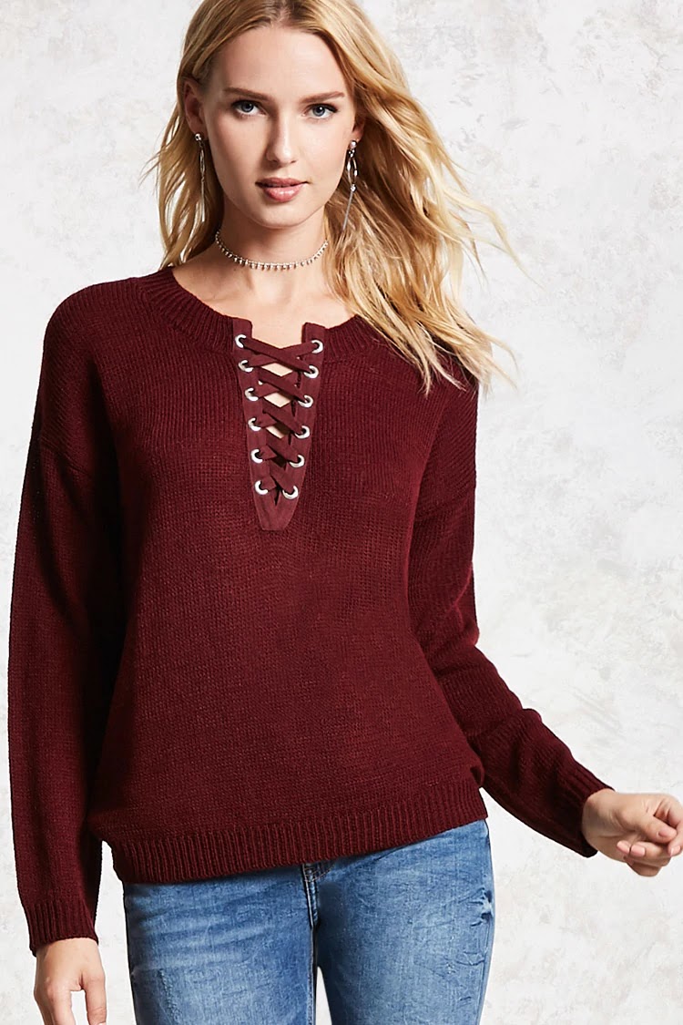 Burgundy Lace-Up Purl Sweater