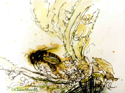 Summer Bee and Flower : Watercolour and Ink