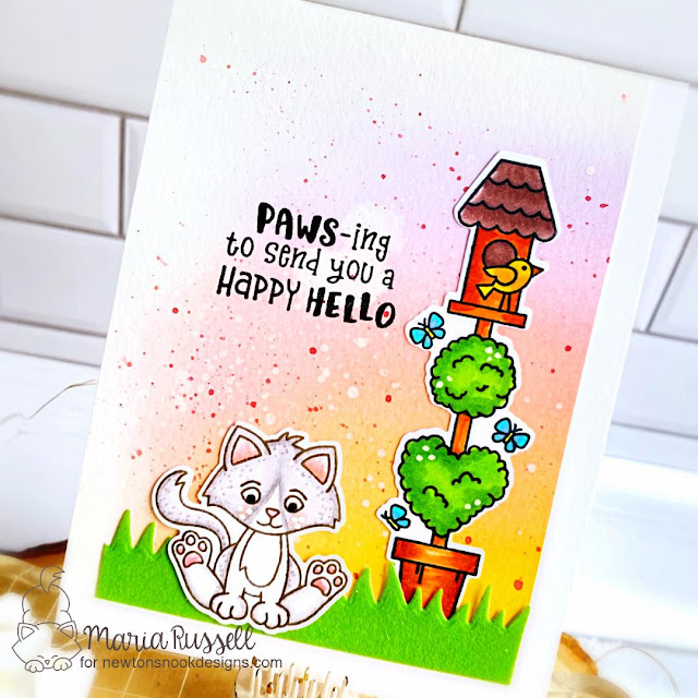 Happy Hello Card by Maria Russell | Birdhouse Greetings Stamp Set, Smitten Kittens Stamp Set and Land Borders Die Set by Newton's Nook Designs #newtonsnook #handmade