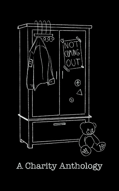 Black and white line drawn image of a closet or wardrobe, containing various clothes and with a teddy bear sitting in front