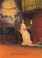 A Victorian postcard image titled "The Lost Chord," and relating to Adelaide Proctor's poem of that name, set most famously by Arthur Sullivan.   The image shows a woman in a flowing white dress seated at organ console; as she plays, behind her appears a vision of rank upon rank of angels singing heavenly music.