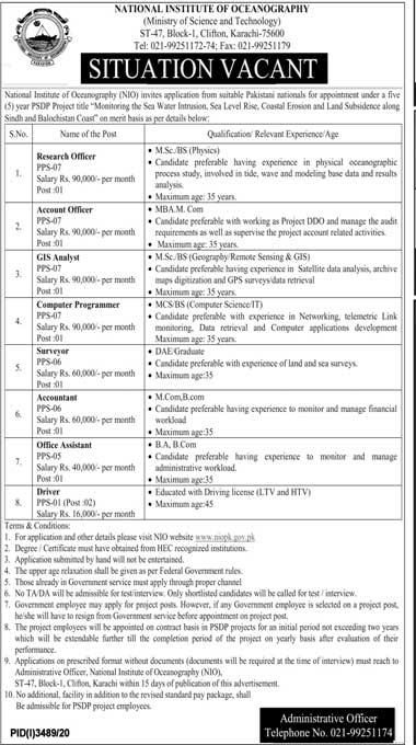 Latest Jobs in National Institute of Oceanography Karachi 2021 Advertisement - Multiple Positions