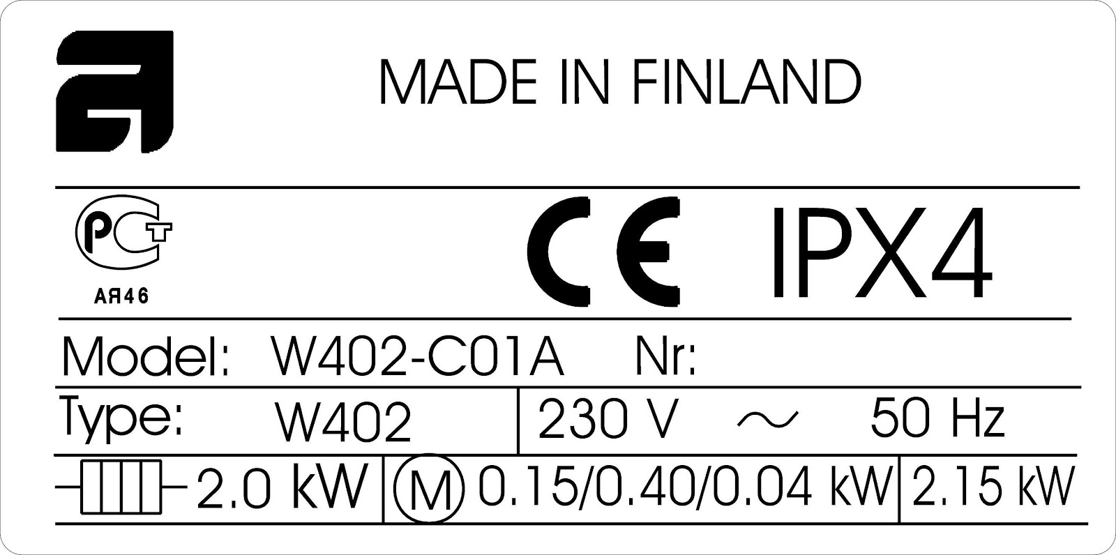 ASKO washing Machine Specification Plate