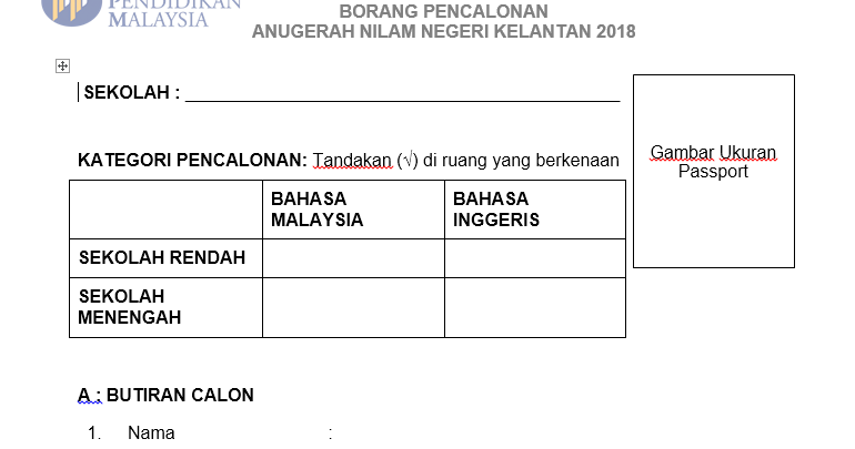 BORANG PENCALONAN TOKOH NILAM 2018  LAMAN PKG DAERAH KOTA 