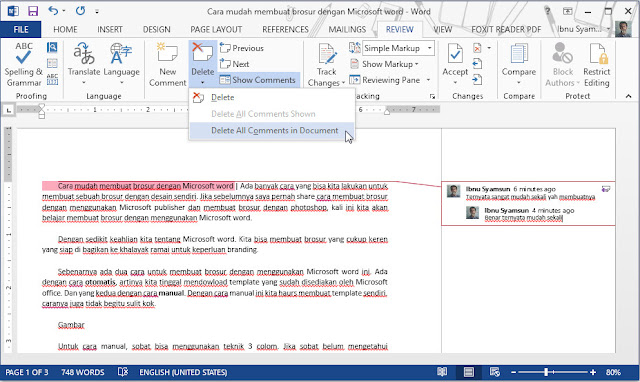 Cara membuat dan menghilangkan comment di microsfot word