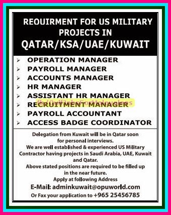 Military Project Job Vacancies for Qatar, KSA, UAE & Kuwait
