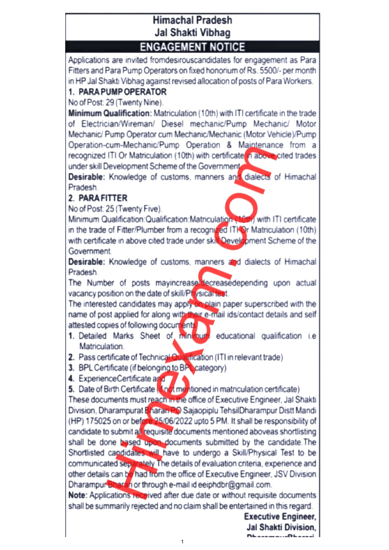 Jal Shakti Vibhag Dharampur Para Fitter & Para Pump Operator Recruitment 2022